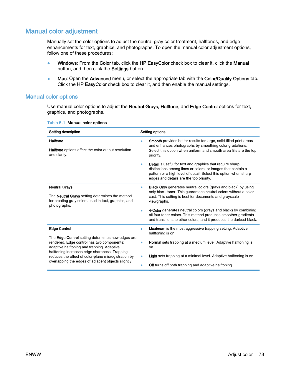 Manual color adjustment, Manual color options | HP Color LaserJet Enterprise M750 Printer series User Manual | Page 83 / 134