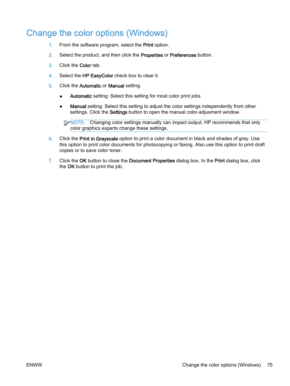 Change the color options (windows) | HP Color LaserJet Enterprise M750 Printer series User Manual | Page 85 / 134