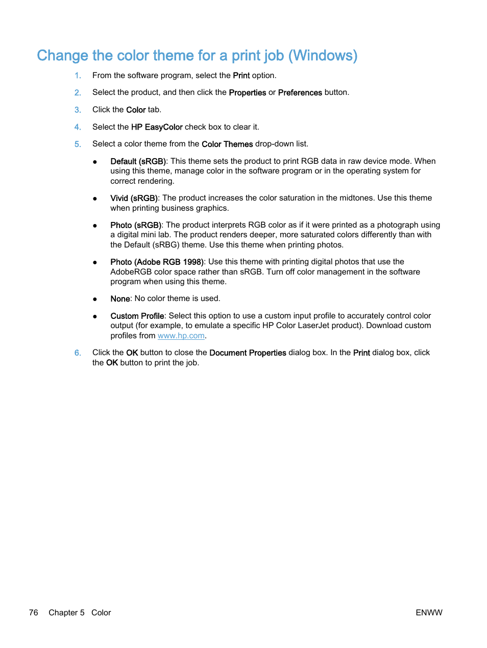 Change the color theme for a print job (windows) | HP Color LaserJet Enterprise M750 Printer series User Manual | Page 86 / 134