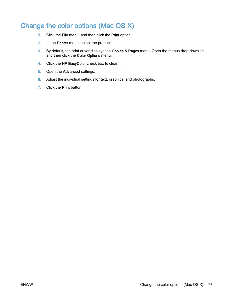 Change the color options (mac os x) | HP Color LaserJet Enterprise M750 Printer series User Manual | Page 87 / 134