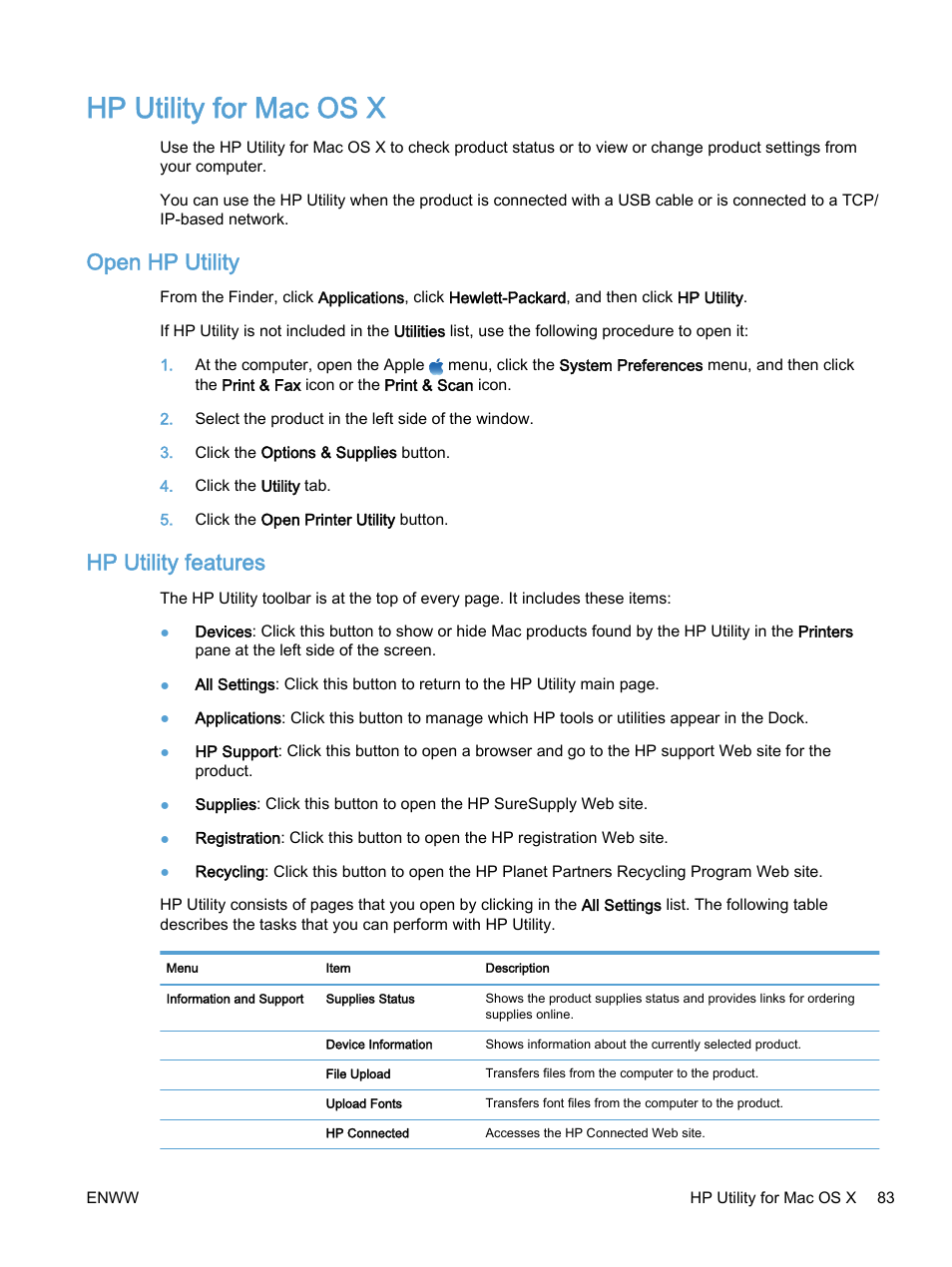 Hp utility for mac os x, Open hp utility, Hp utility features | Open hp utility hp utility features | HP Color LaserJet Enterprise M750 Printer series User Manual | Page 93 / 134