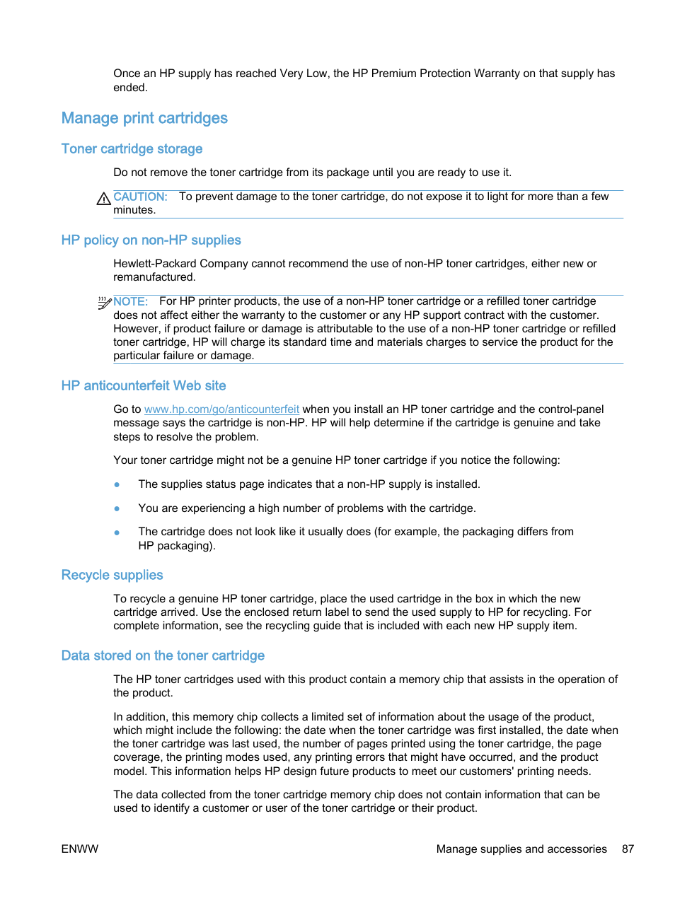 Manage print cartridges, Toner cartridge storage, Hp policy on non-hp supplies | Hp anticounterfeit web site, Recycle supplies, Data stored on the toner cartridge | HP Color LaserJet Enterprise M750 Printer series User Manual | Page 97 / 134