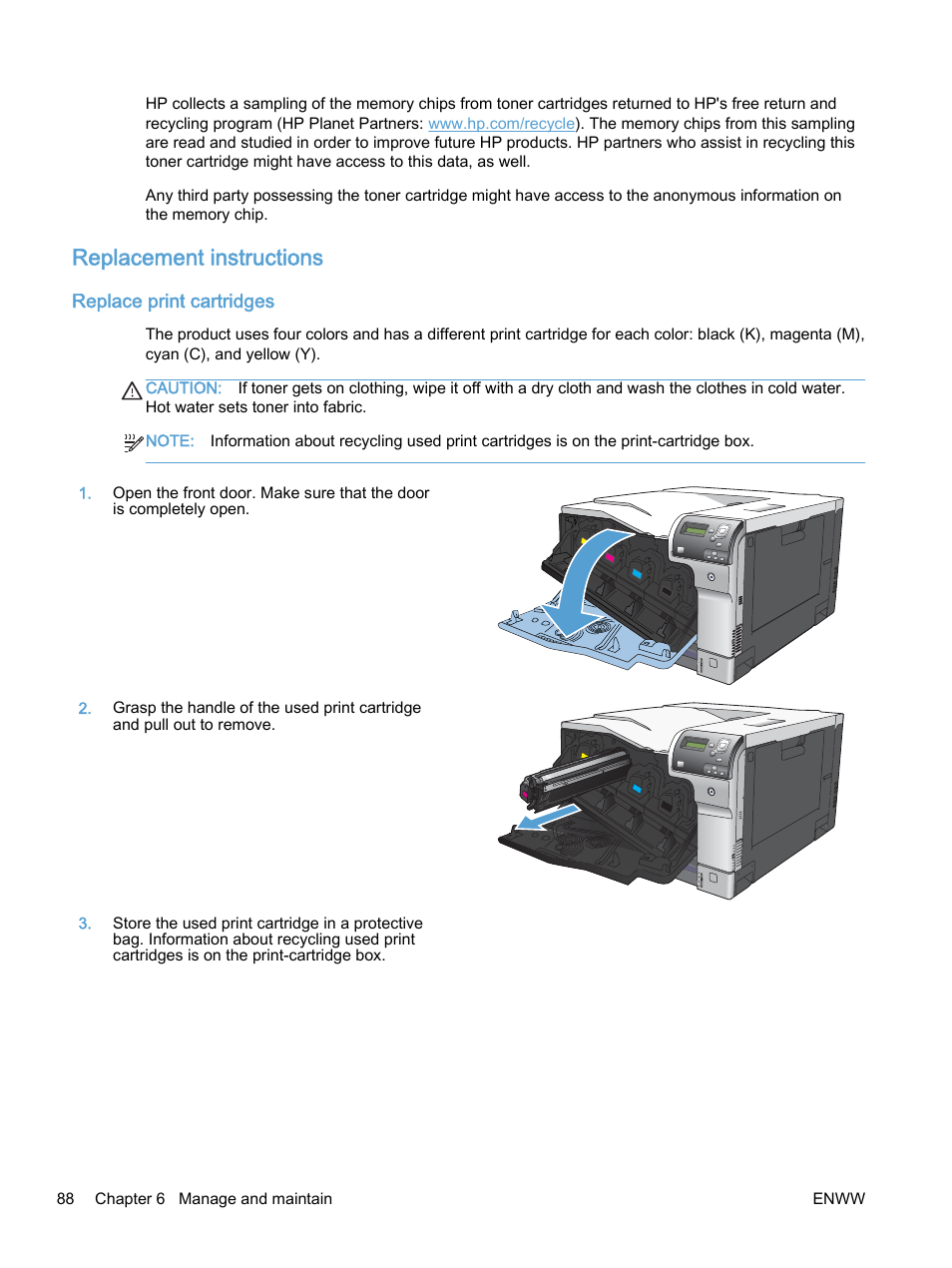 Replacement instructions, Replace print cartridges | HP Color LaserJet Enterprise M750 Printer series User Manual | Page 98 / 134