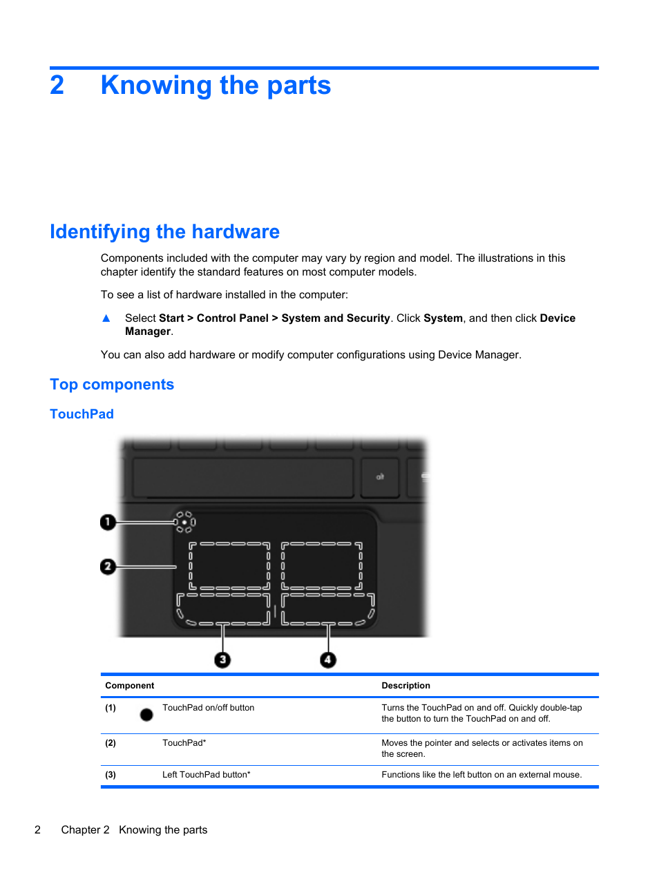 Knowing the parts, Identifying the hardware, Top components | Touchpad, 2 knowing the parts, 2knowing the parts | HP Mini 2102 User Manual | Page 10 / 88