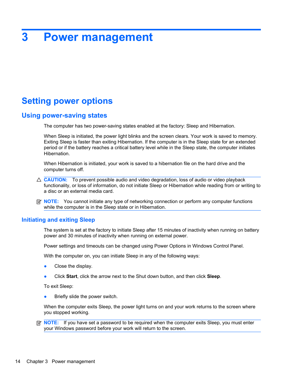 Power management, Setting power options, Using power-saving states | Initiating and exiting sleep, 3 power management, 3power management | HP Mini 2102 User Manual | Page 22 / 88