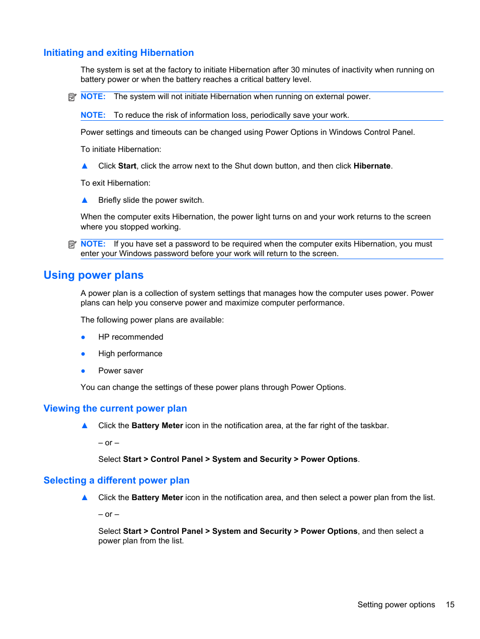 Initiating and exiting hibernation, Using power plans, Viewing the current power plan | Selecting a different power plan | HP Mini 2102 User Manual | Page 23 / 88