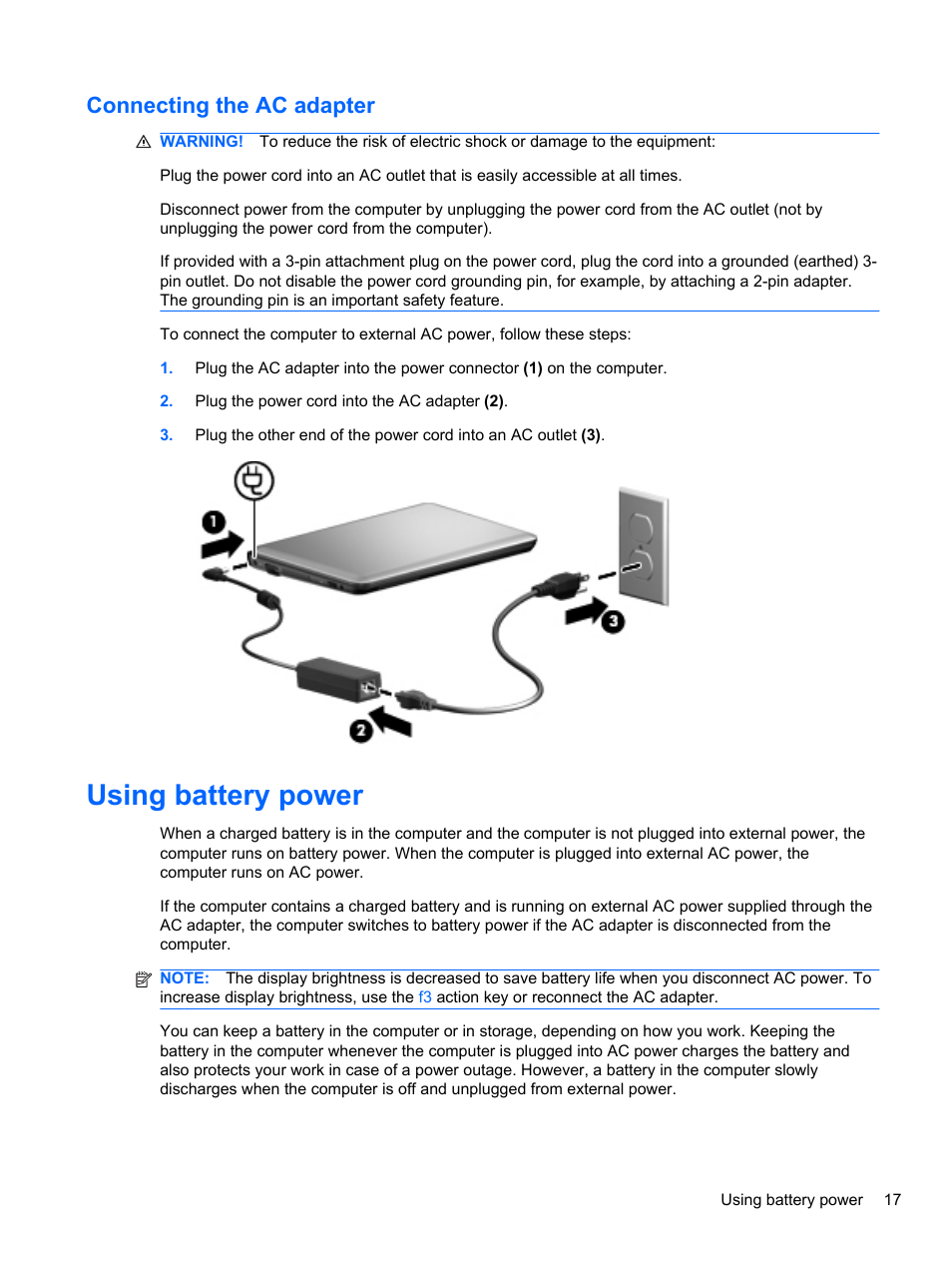 Connecting the ac adapter, Using battery power | HP Mini 2102 User Manual | Page 25 / 88