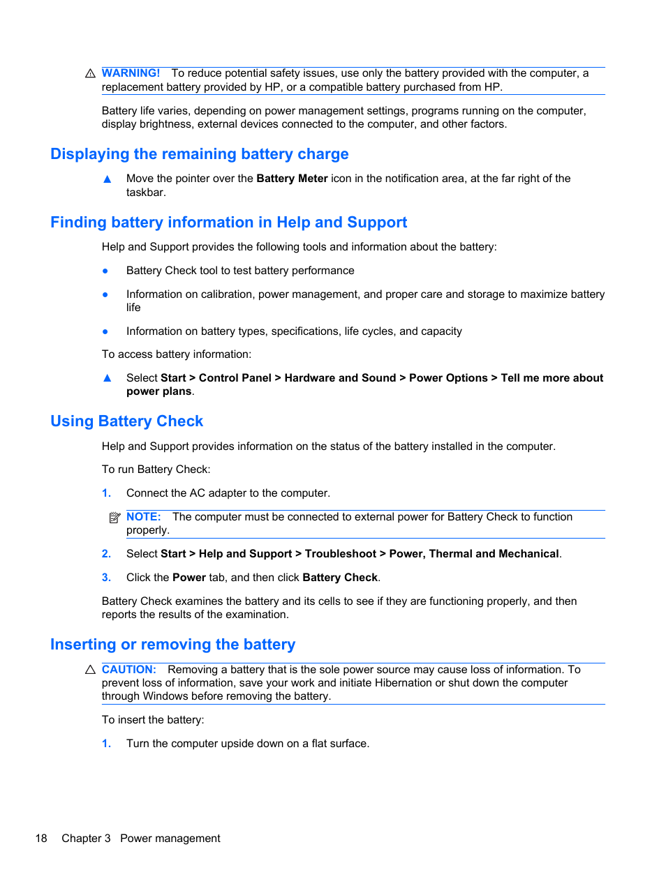 Displaying the remaining battery charge, Finding battery information in help and support, Using battery check | Inserting or removing the battery | HP Mini 2102 User Manual | Page 26 / 88