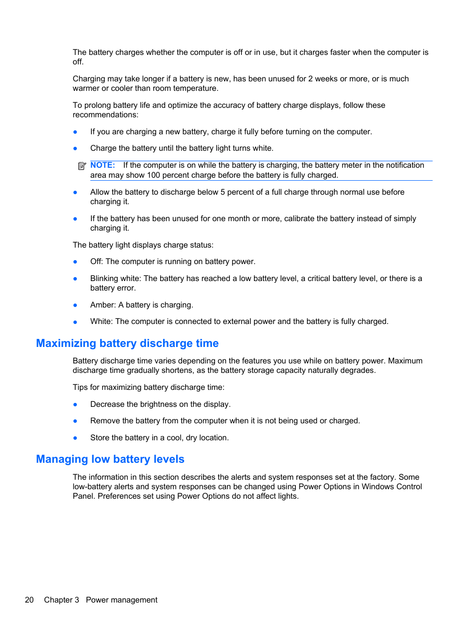 Maximizing battery discharge time, Managing low battery levels | HP Mini 2102 User Manual | Page 28 / 88