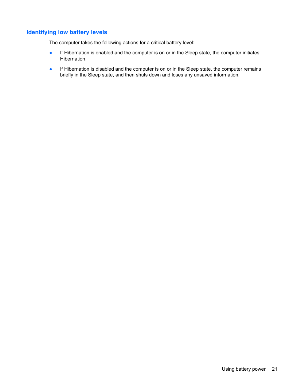 Identifying low battery levels | HP Mini 2102 User Manual | Page 29 / 88