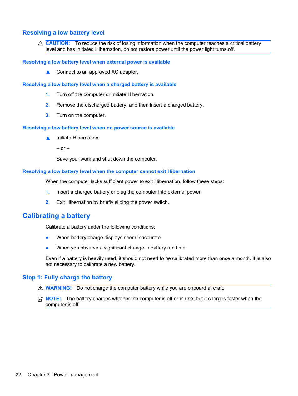 Resolving a low battery level, Calibrating a battery, Step 1: fully charge the battery | HP Mini 2102 User Manual | Page 30 / 88