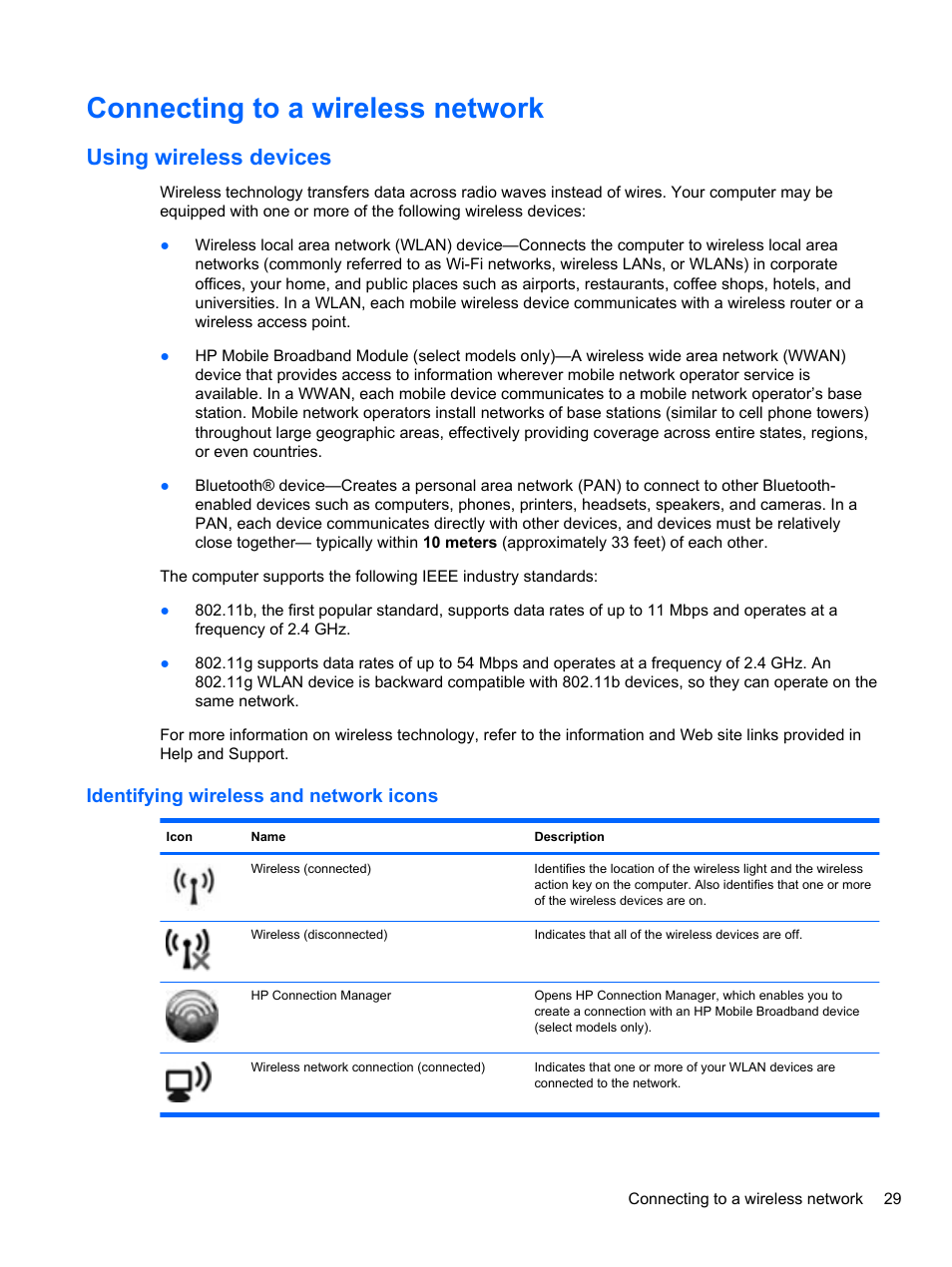 Connecting to a wireless network, Using wireless devices, Identifying wireless and network icons | HP Mini 2102 User Manual | Page 37 / 88