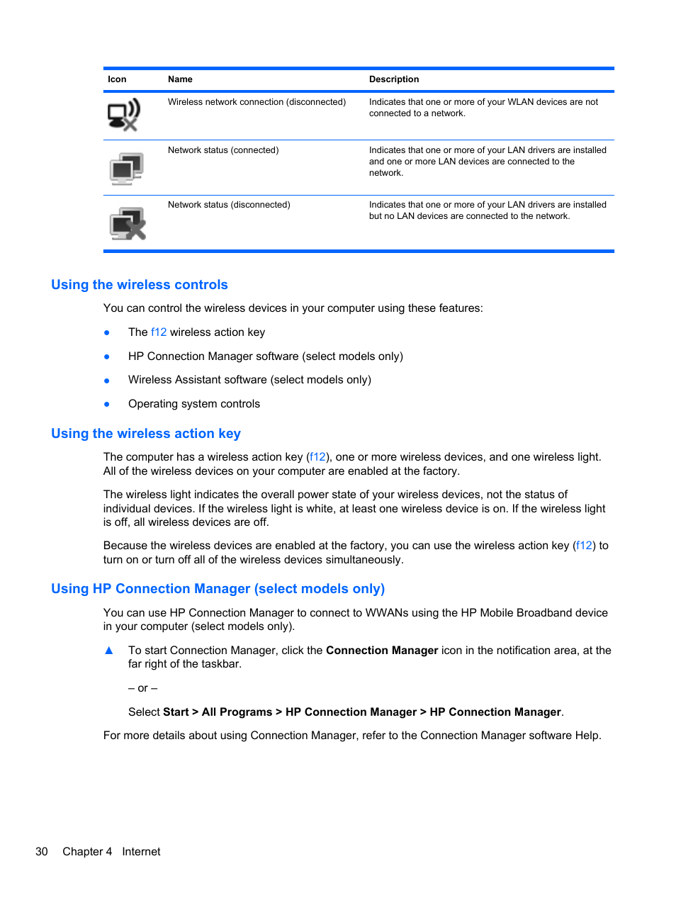 Using the wireless controls, Using the wireless action key, Using hp connection manager (select models only) | HP Mini 2102 User Manual | Page 38 / 88