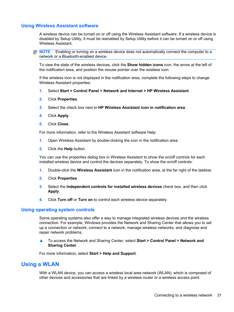 Using wireless assistant software, Using operating system controls, Using a wlan | HP Mini 2102 User Manual | Page 39 / 88
