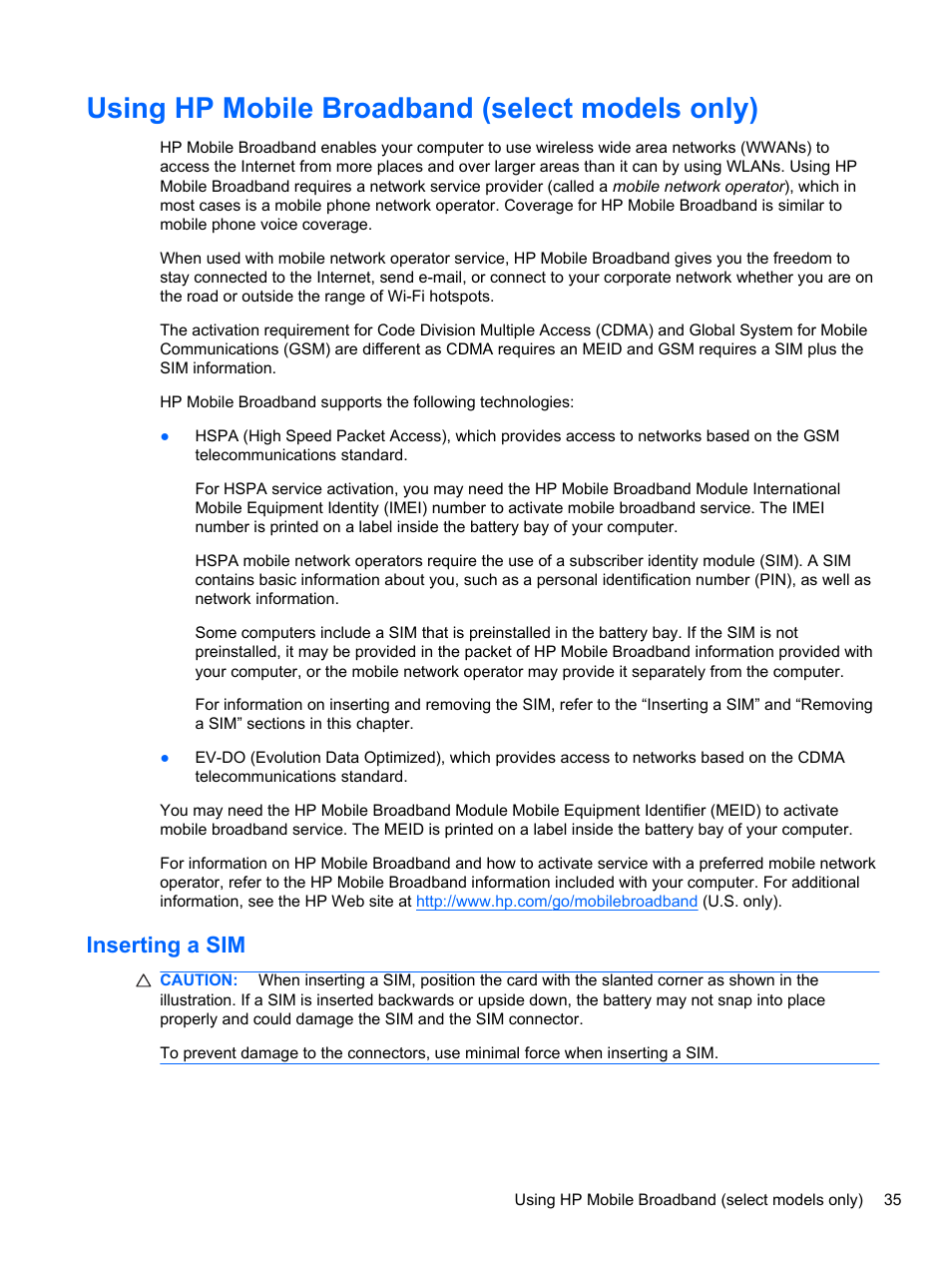 Using hp mobile broadband (select models only), Inserting a sim | HP Mini 2102 User Manual | Page 43 / 88