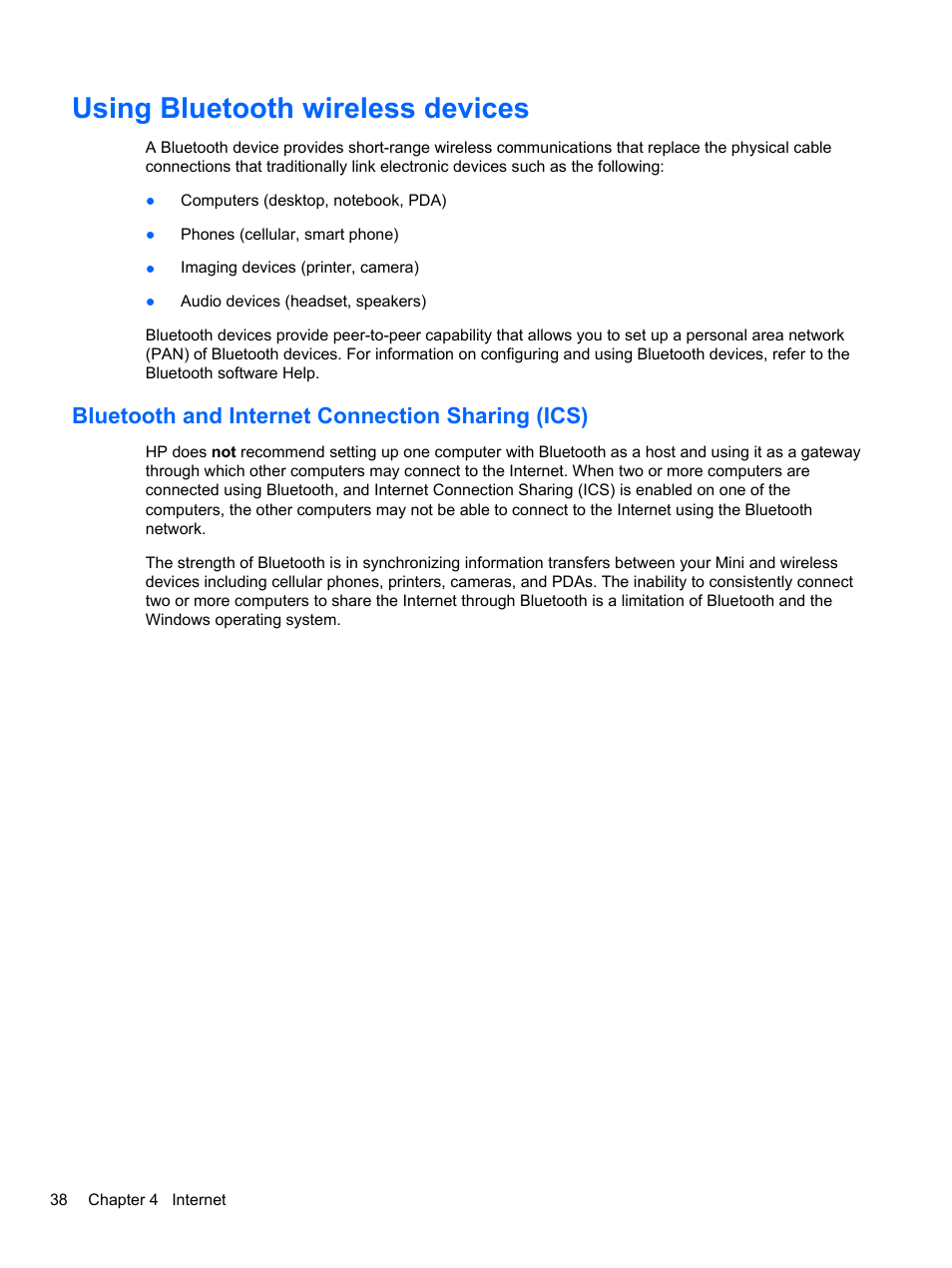 Using bluetooth wireless devices, Bluetooth and internet connection sharing (ics) | HP Mini 2102 User Manual | Page 46 / 88