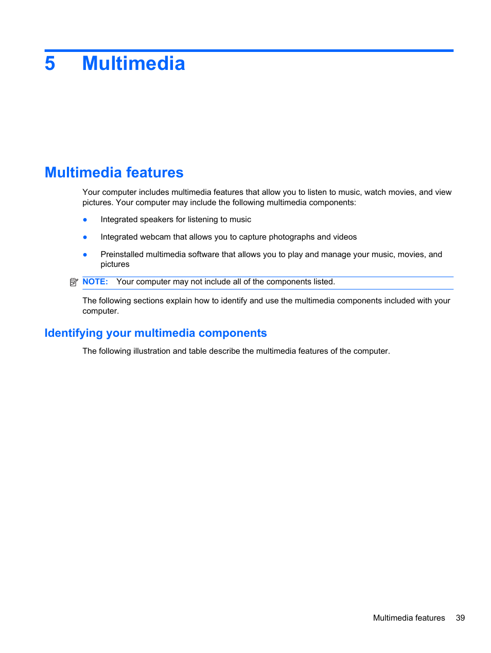 Multimedia, Multimedia features, Identifying your multimedia components | 5 multimedia, 5multimedia | HP Mini 2102 User Manual | Page 47 / 88