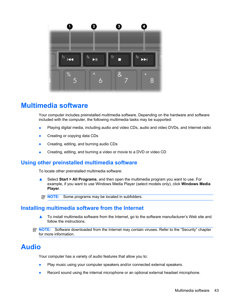 Multimedia software, Using other preinstalled multimedia software, Installing multimedia software from the internet | Audio | HP Mini 2102 User Manual | Page 51 / 88