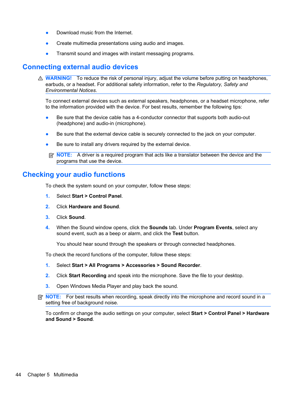 Connecting external audio devices, Checking your audio functions | HP Mini 2102 User Manual | Page 52 / 88