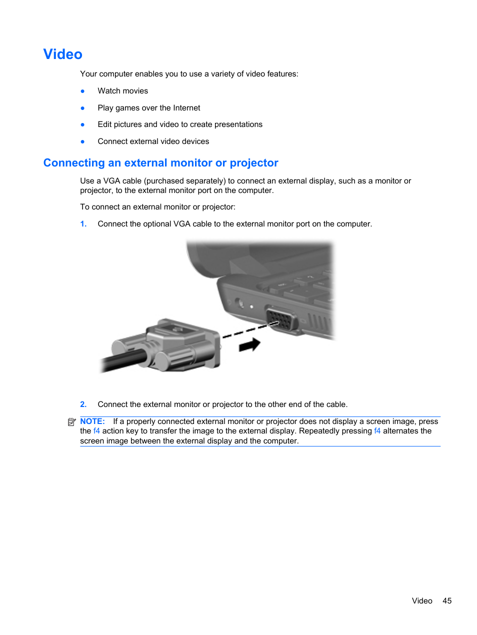 Video, Connecting an external monitor or projector | HP Mini 2102 User Manual | Page 53 / 88