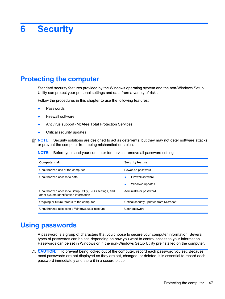 Security, Protecting the computer, Using passwords | 6 security, Protecting the computer using passwords, 6security | HP Mini 2102 User Manual | Page 55 / 88