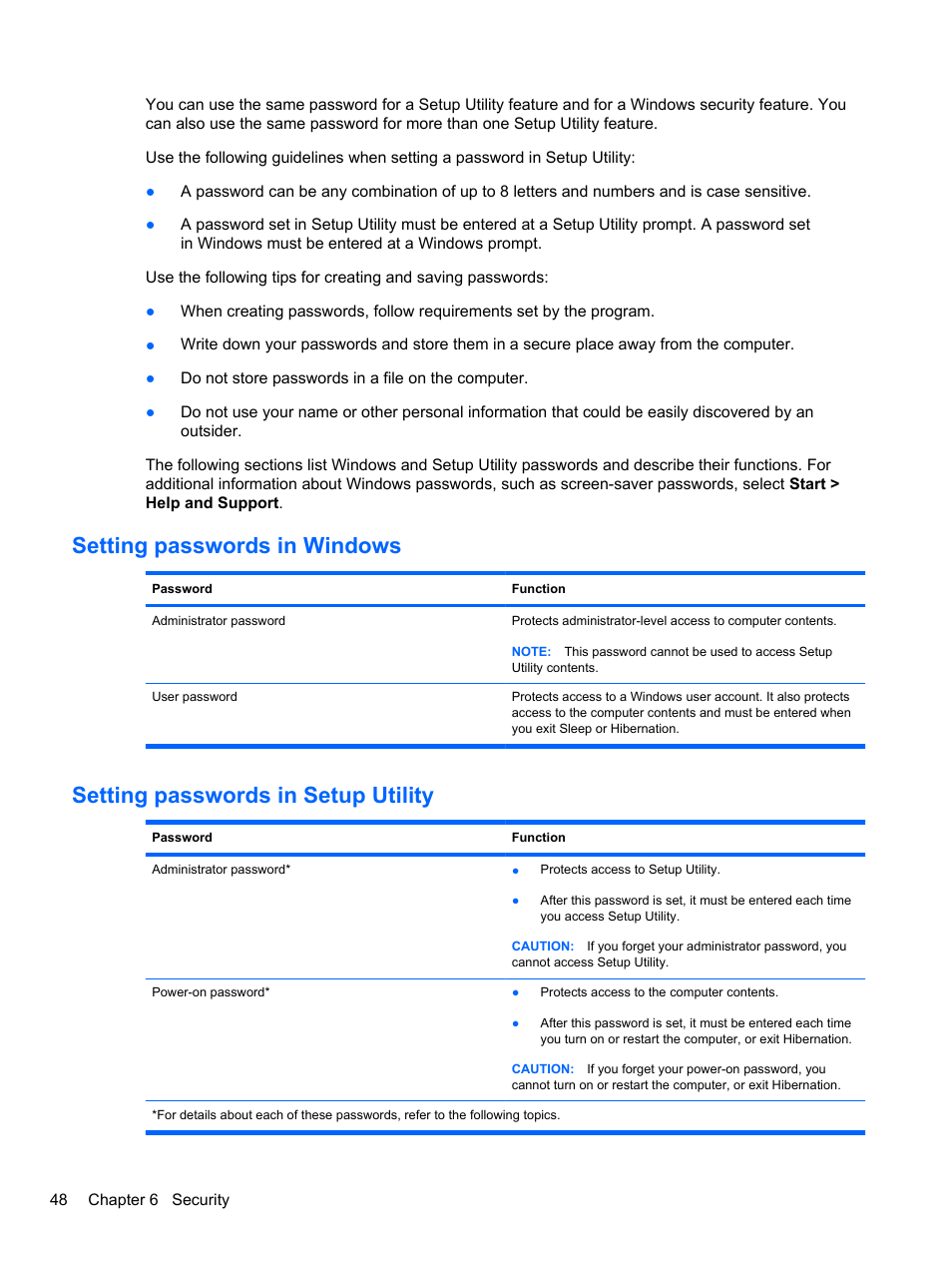 Setting passwords in windows, Setting passwords in setup utility | HP Mini 2102 User Manual | Page 56 / 88