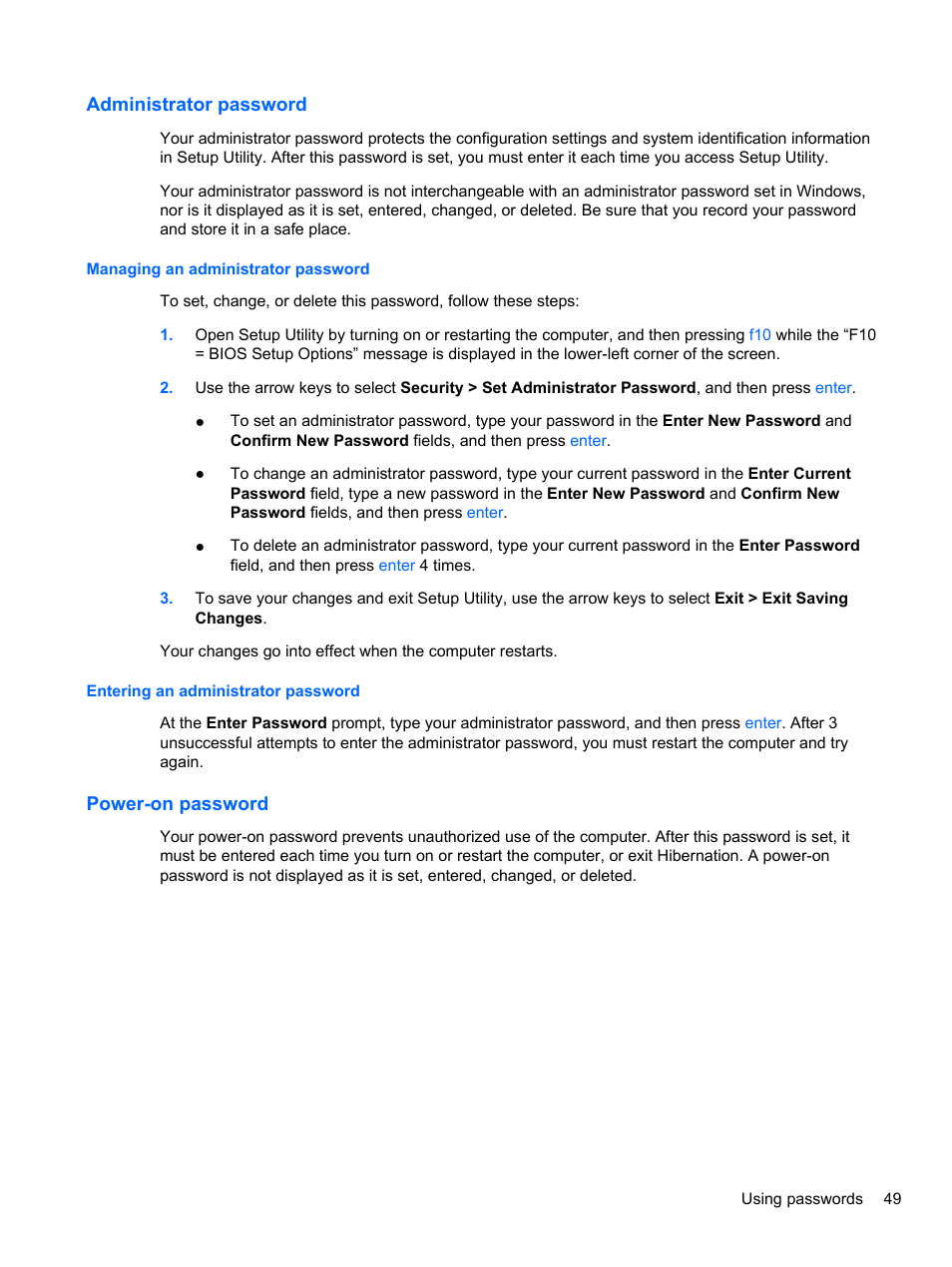 Administrator password, Managing an administrator password, Entering an administrator password | Power-on password | HP Mini 2102 User Manual | Page 57 / 88