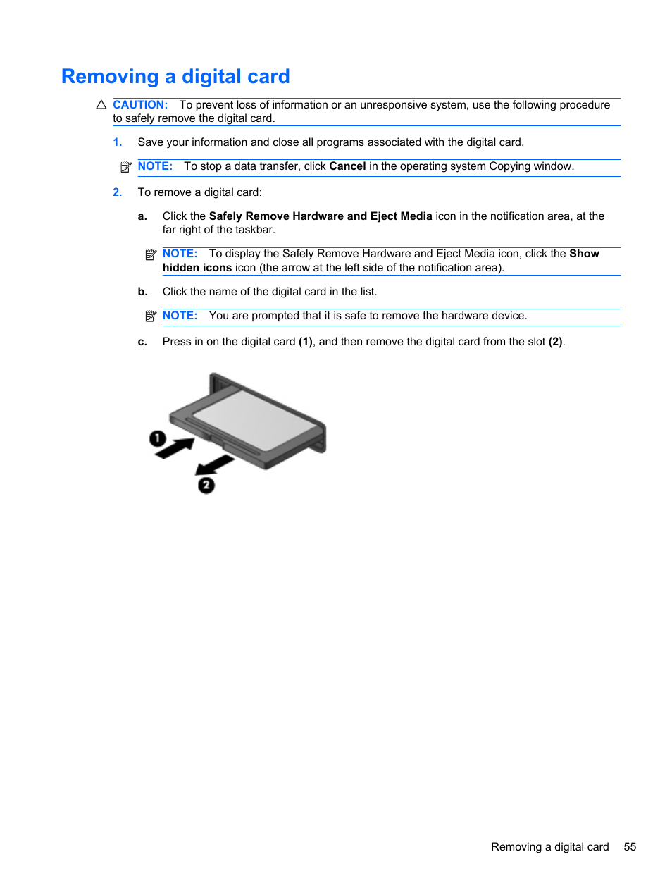 Removing a digital card | HP Mini 2102 User Manual | Page 63 / 88