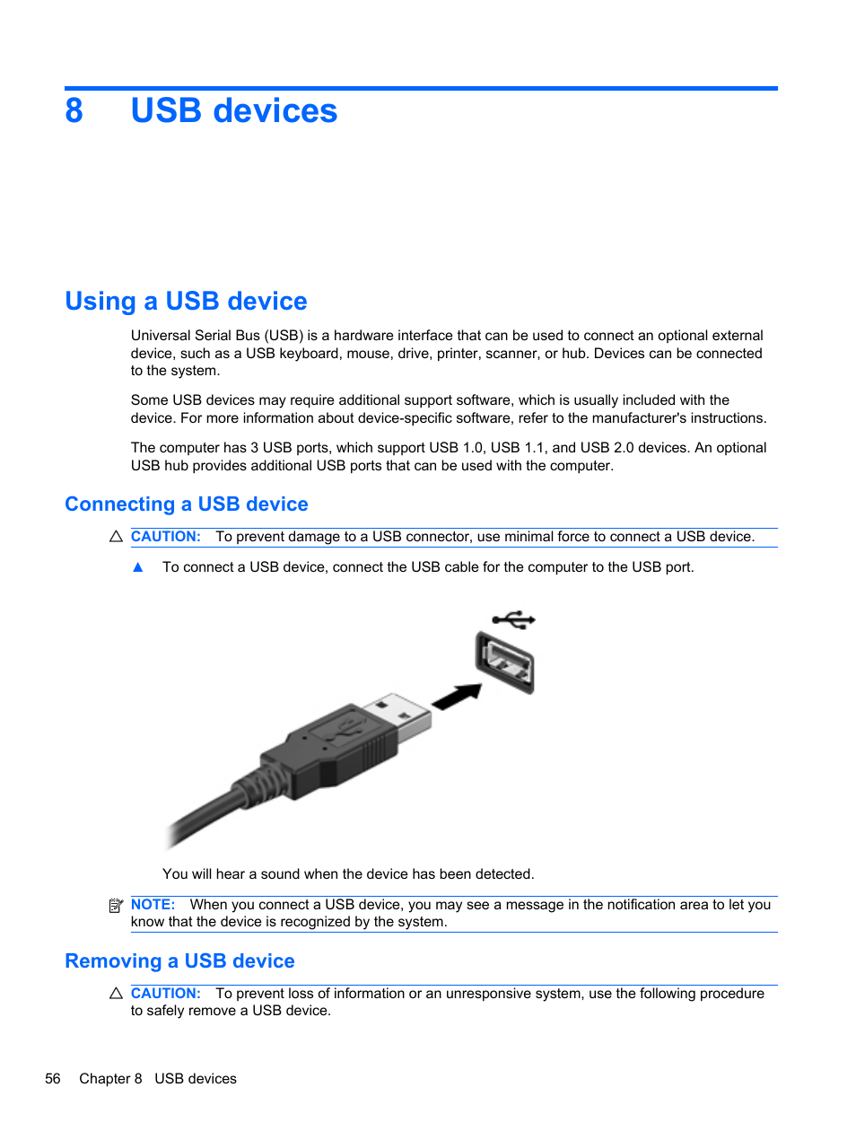 Usb devices, Using a usb device, Connecting a usb device | Removing a usb device, 8 usb devices, Connecting a usb device removing a usb device, 8usb devices | HP Mini 2102 User Manual | Page 64 / 88