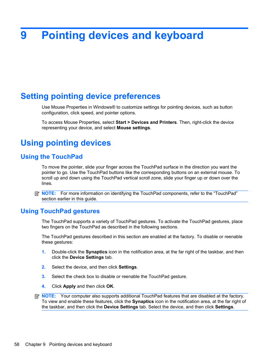 Pointing devices and keyboard, Setting pointing device preferences, Using pointing devices | Using the touchpad, Using touchpad gestures, 9 pointing devices and keyboard, 9pointing devices and keyboard | HP Mini 2102 User Manual | Page 66 / 88