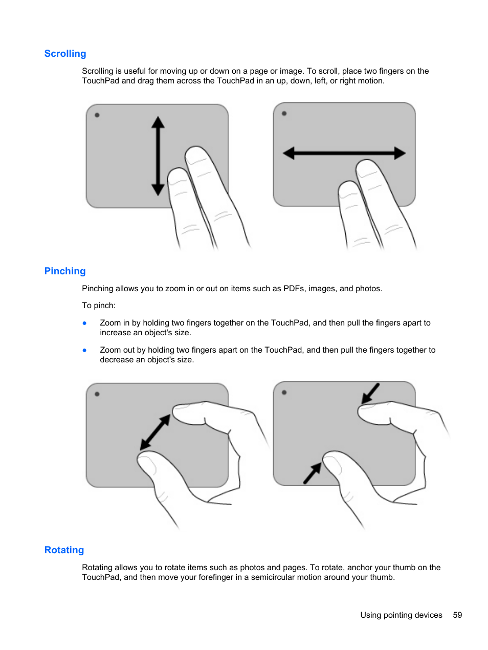 Scrolling, Pinching, Rotating | Scrolling pinching rotating | HP Mini 2102 User Manual | Page 67 / 88