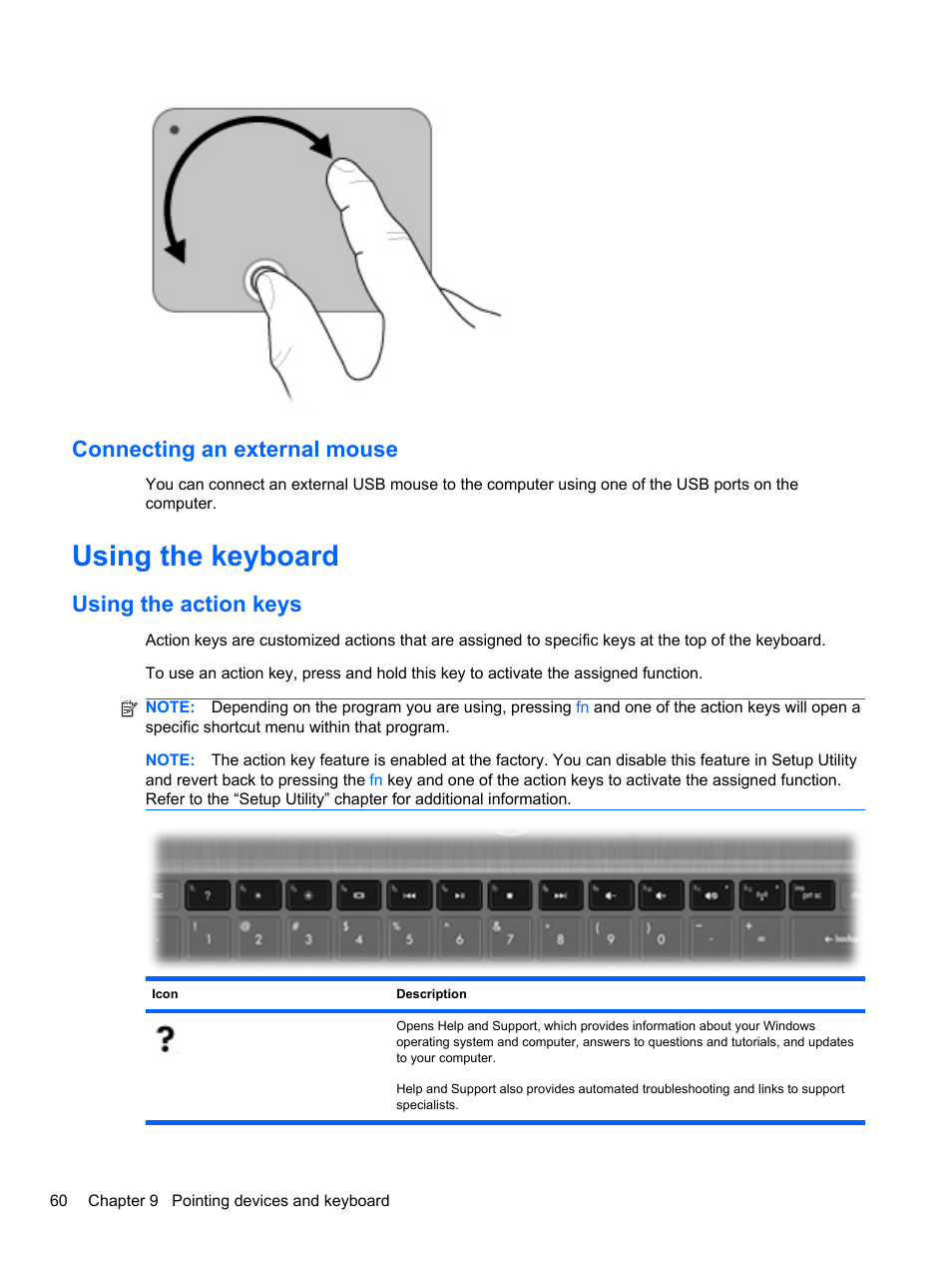 Connecting an external mouse, Using the keyboard, Using the action keys | HP Mini 2102 User Manual | Page 68 / 88