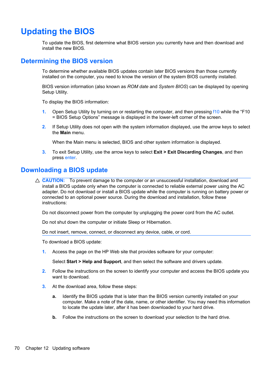 Updating the bios, Determining the bios version, Downloading a bios update | HP Mini 2102 User Manual | Page 78 / 88