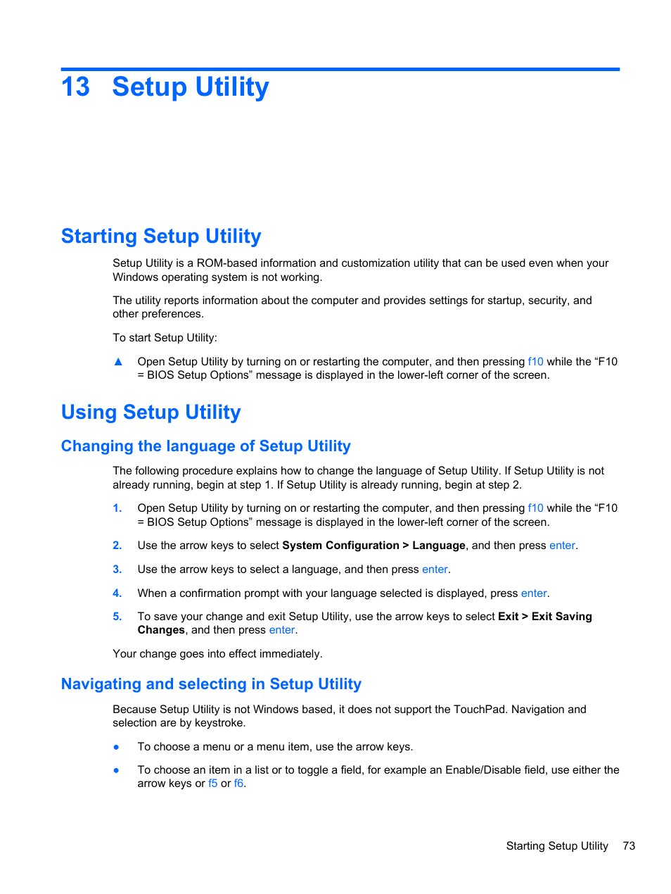 Setup utility, Starting setup utility, Using setup utility | Changing the language of setup utility, Navigating and selecting in setup utility, 13 setup utility, Starting setup utility using setup utility | HP Mini 2102 User Manual | Page 81 / 88