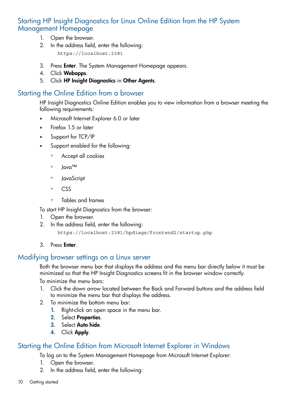 Starting the online edition from a browser, Modifying browser settings on a linux server | HP Insight Diagnostics Software User Manual | Page 10 / 43