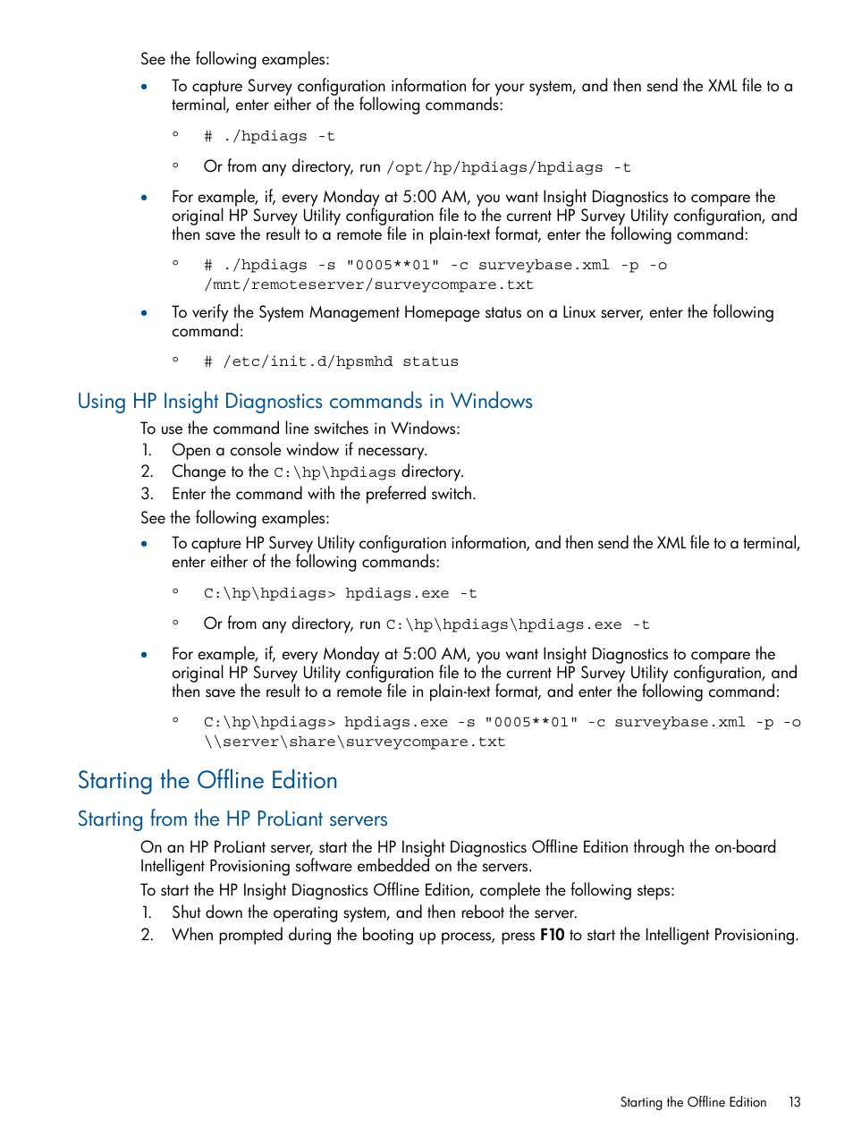 Using hp insight diagnostics commands in windows, Starting the offline edition, Starting from the hp proliant servers | HP Insight Diagnostics Software User Manual | Page 13 / 43