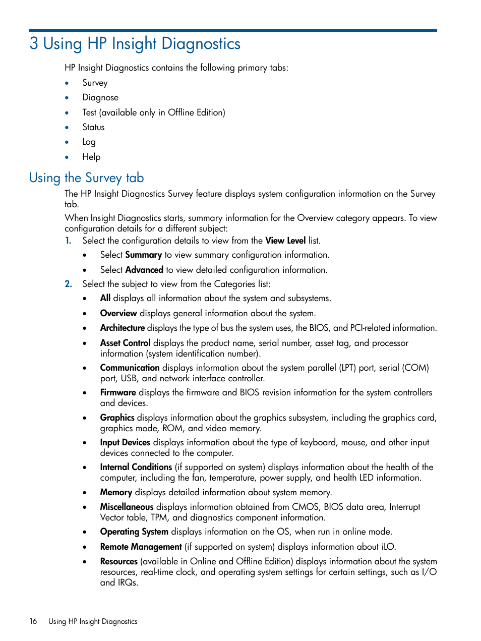 3 using hp insight diagnostics, Using the survey tab | HP Insight Diagnostics Software User Manual | Page 16 / 43