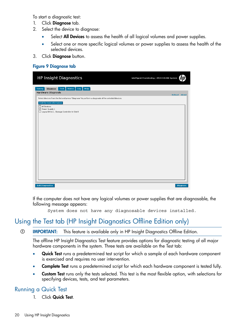 Running a quick test | HP Insight Diagnostics Software User Manual | Page 20 / 43