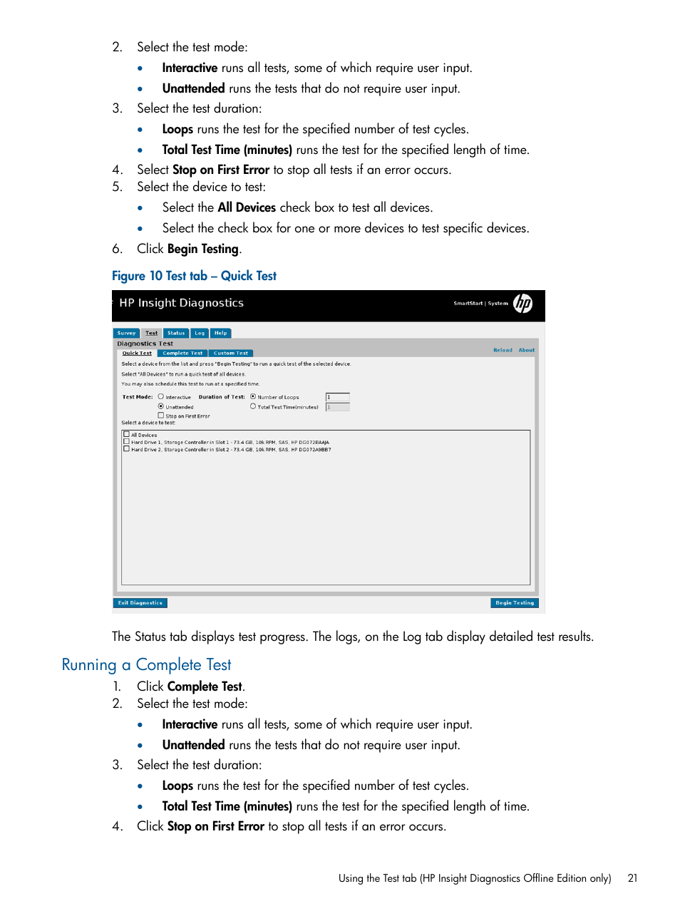 Running a complete test | HP Insight Diagnostics Software User Manual | Page 21 / 43