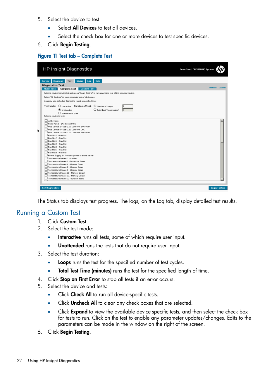 Running a custom test | HP Insight Diagnostics Software User Manual | Page 22 / 43