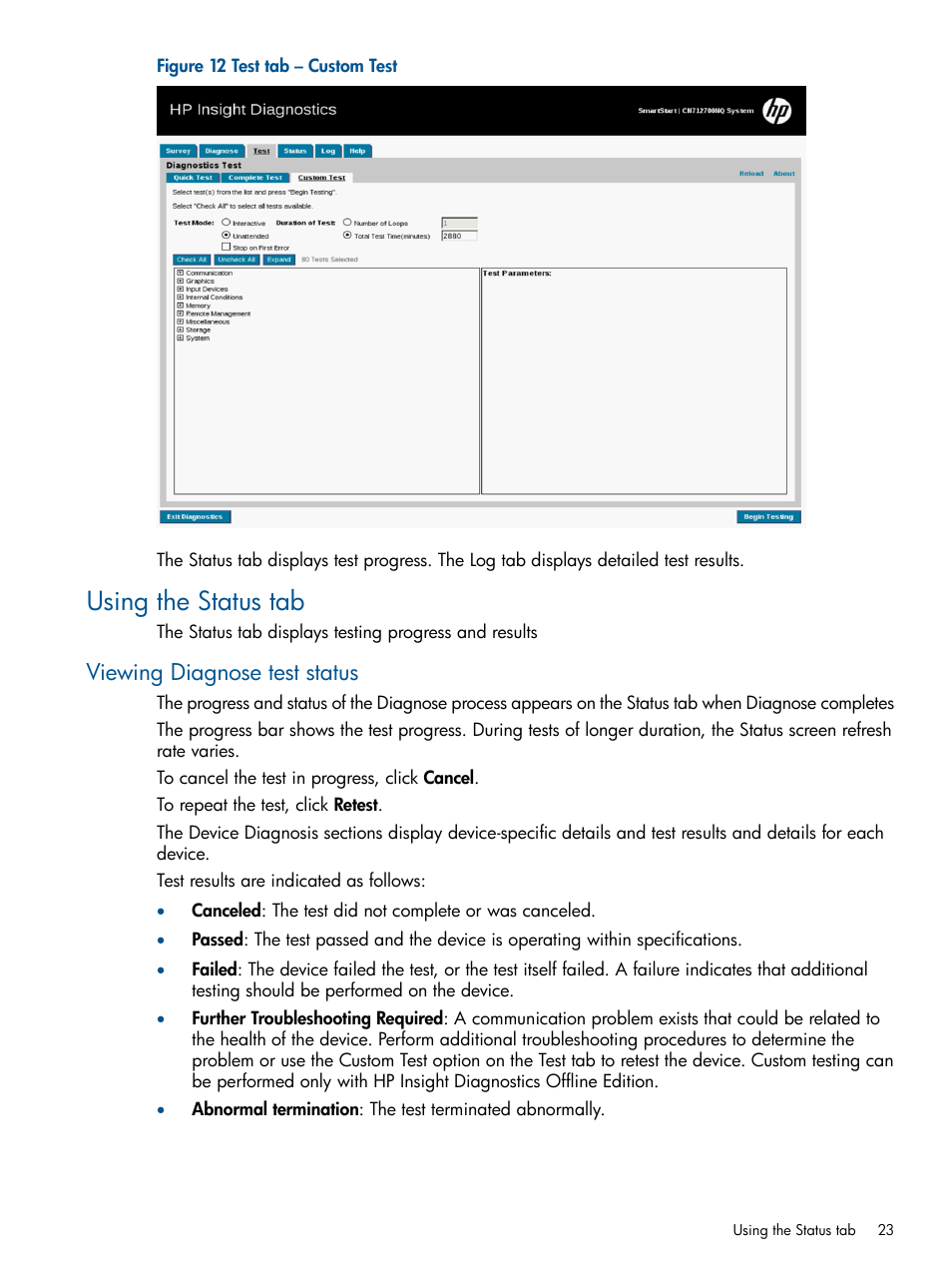 Using the status tab, Viewing diagnose test status | HP Insight Diagnostics Software User Manual | Page 23 / 43