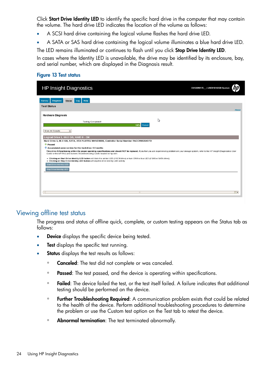 Viewing offline test status | HP Insight Diagnostics Software User Manual | Page 24 / 43