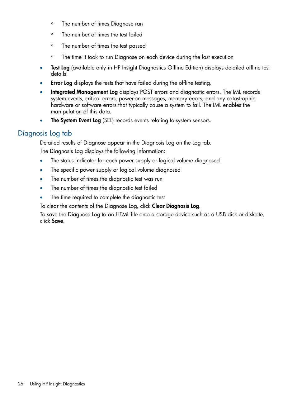 Diagnosis log tab | HP Insight Diagnostics Software User Manual | Page 26 / 43