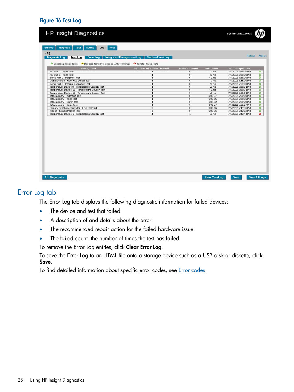 Error log tab | HP Insight Diagnostics Software User Manual | Page 28 / 43