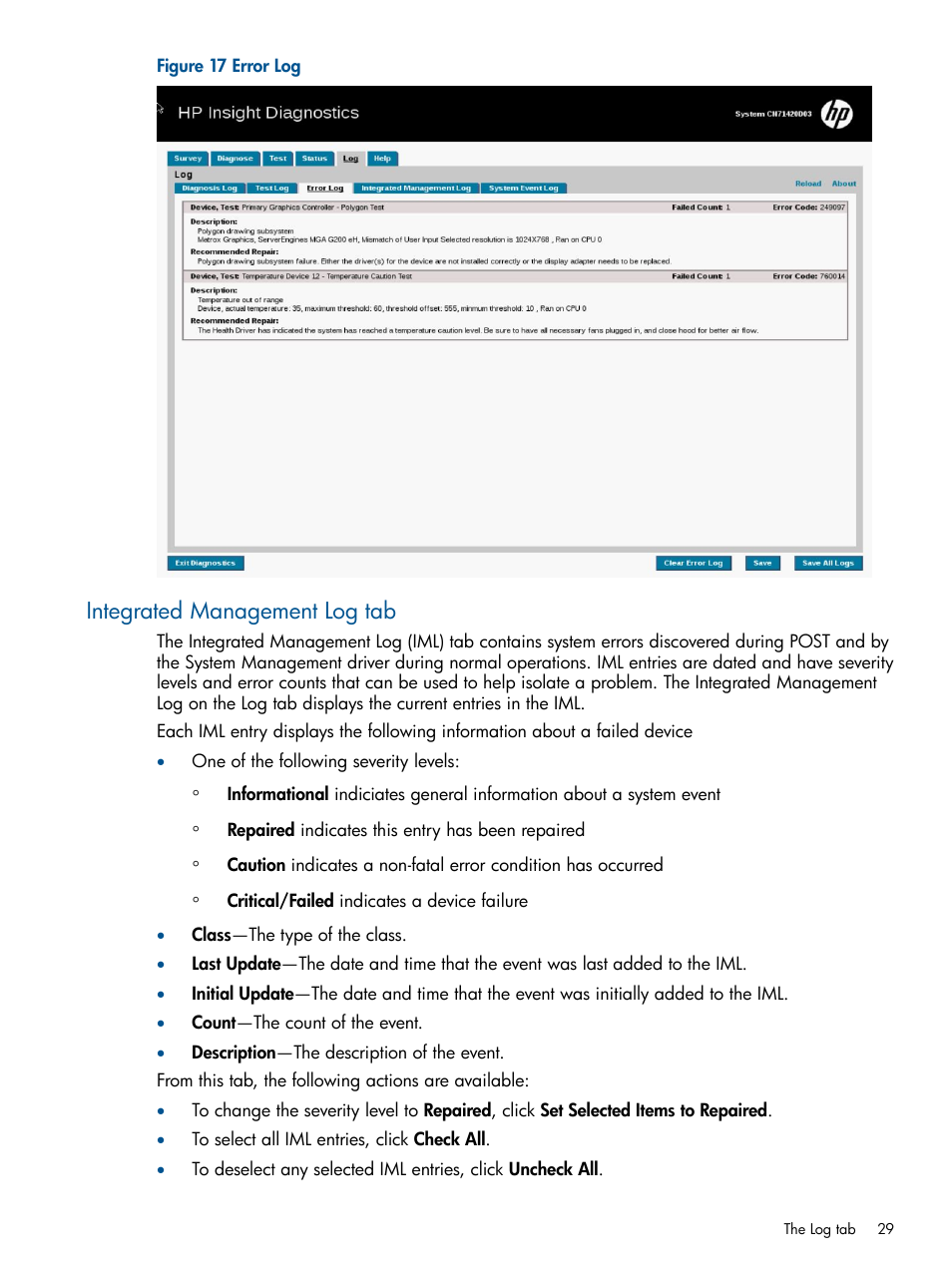 Integrated management log tab | HP Insight Diagnostics Software User Manual | Page 29 / 43