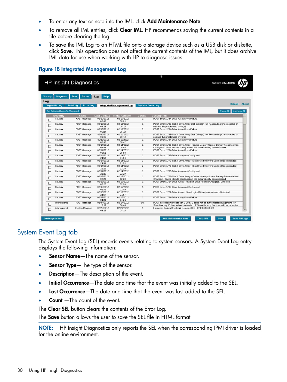 System event log tab | HP Insight Diagnostics Software User Manual | Page 30 / 43