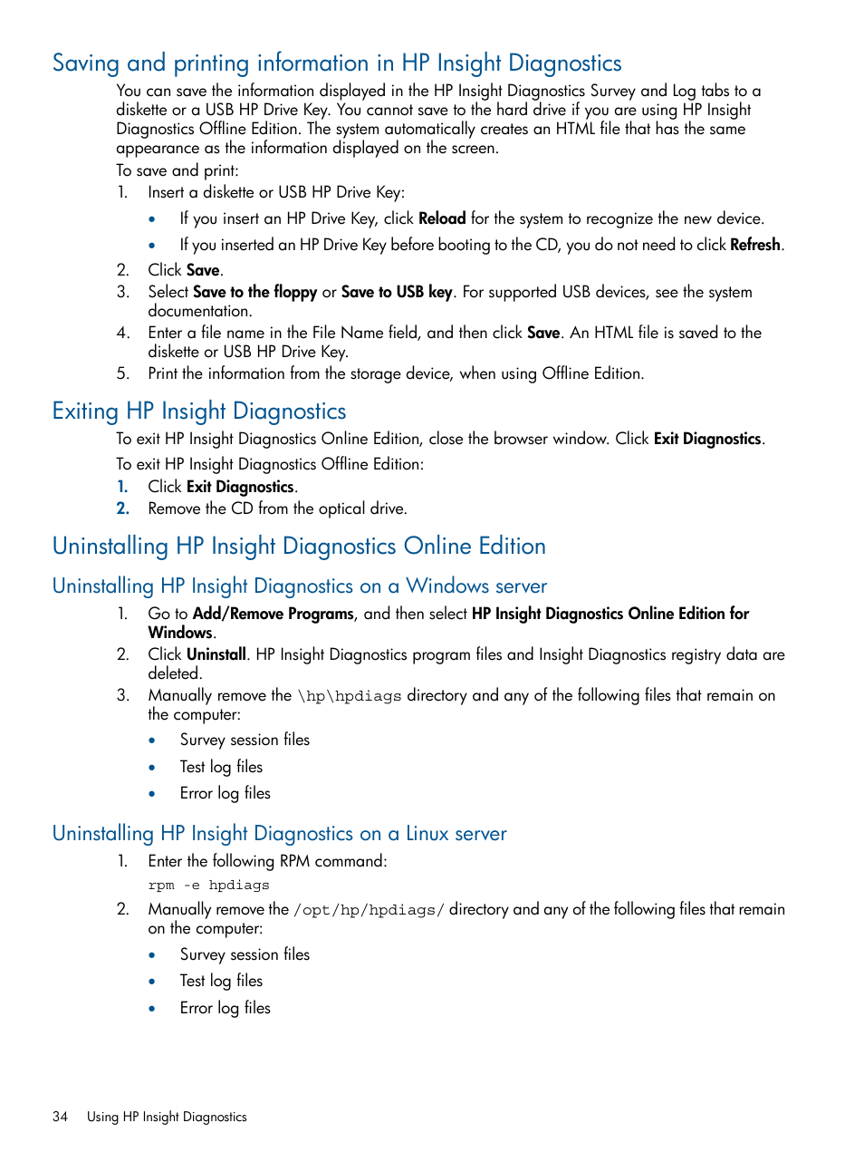 Exiting hp insight diagnostics, Uninstalling hp insight diagnostics online edition | HP Insight Diagnostics Software User Manual | Page 34 / 43