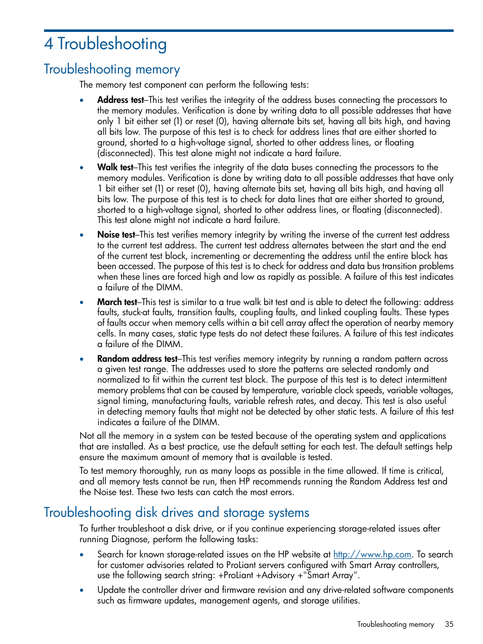 4 troubleshooting, Troubleshooting memory, Troubleshooting disk drives and storage systems | HP Insight Diagnostics Software User Manual | Page 35 / 43