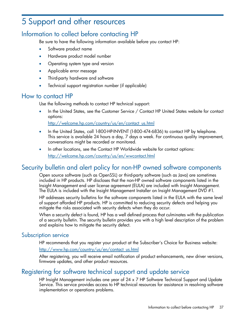 5 support and other resources, Information to collect before contacting hp, How to contact hp | Subscription service | HP Insight Diagnostics Software User Manual | Page 37 / 43