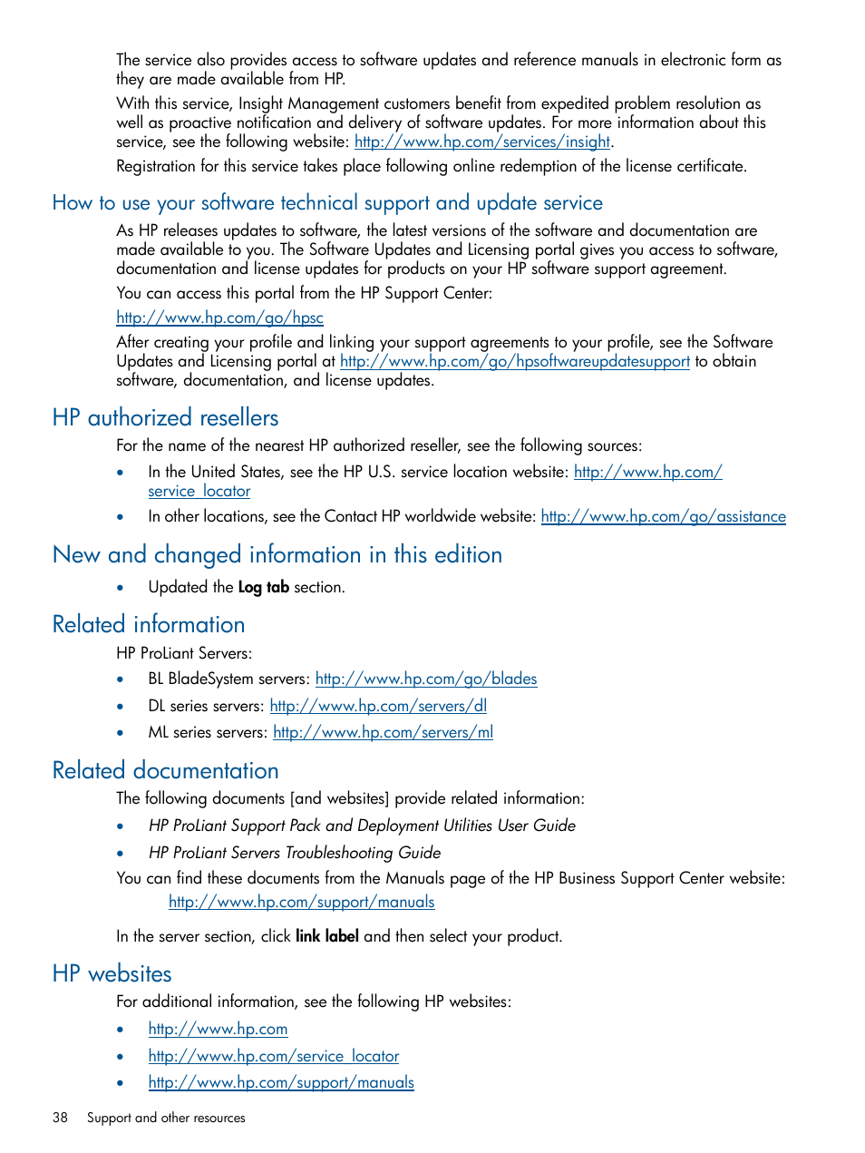 Hp authorized resellers, New and changed information in this edition, Related information | Related documentation, Hp websites | HP Insight Diagnostics Software User Manual | Page 38 / 43